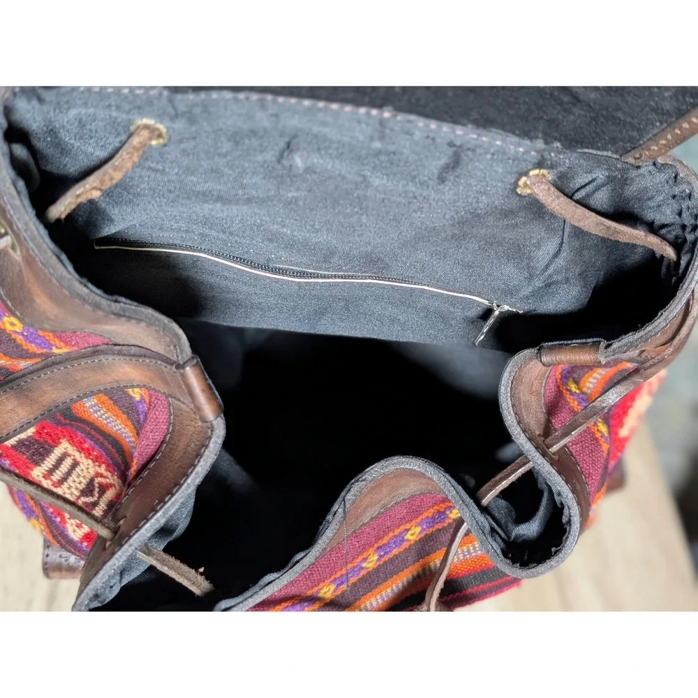 Handcrafted Tooled Leather‎ Bohemian Backpack Aztec Burgundy Brown